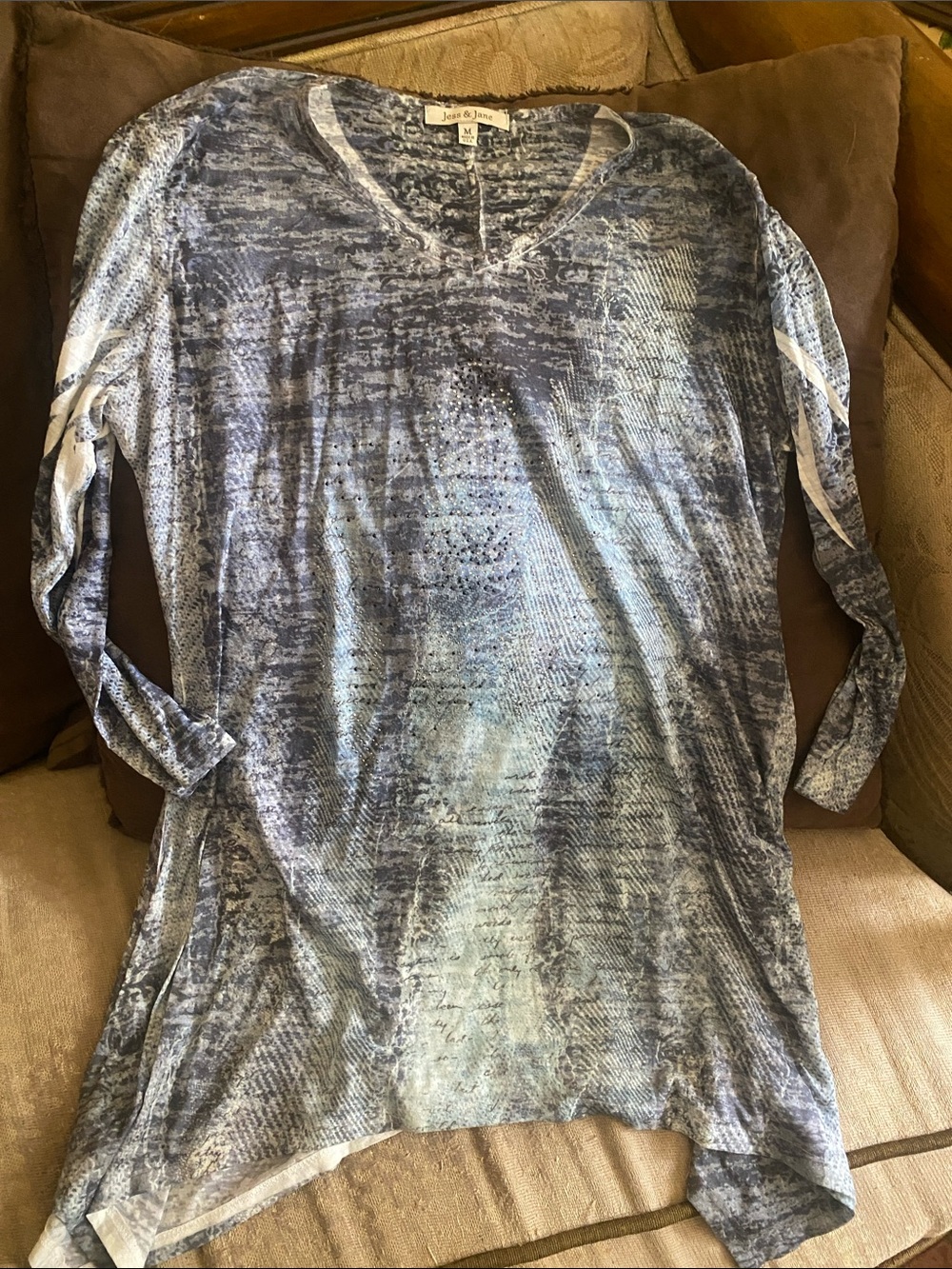 Jess and Jane  Blue/ grey Marble Long Sleeve Women's Tee with accents
